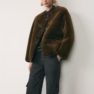 Mango Dark Olive Teddy Jacket with Faux Leather Lining